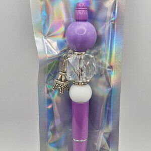 Eiffel Tower Charm, Purple Glitter Beaded Pen & Spare Ink Cartridge - Handmade